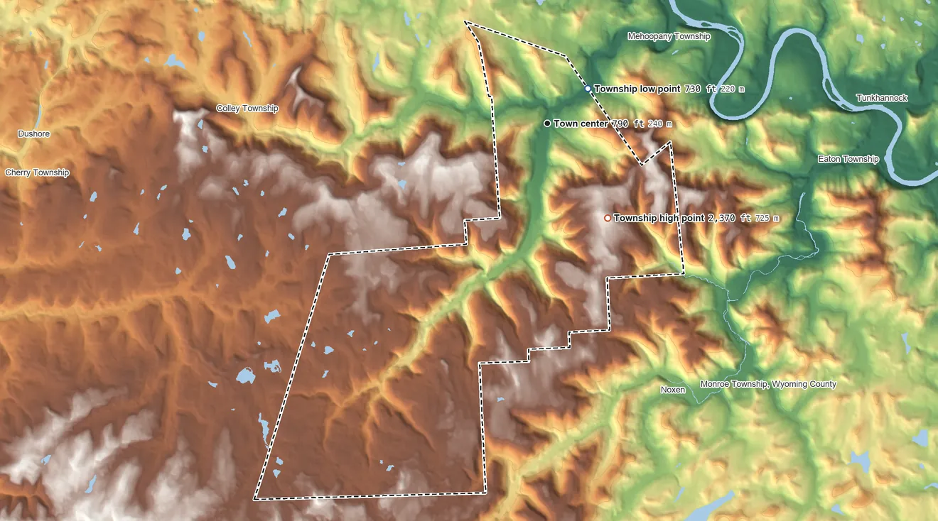 Topographic elevation map of Forkston Township, Pennsylvania, shaded from 730 ft near the middle to 2,370 ft on the southeast side