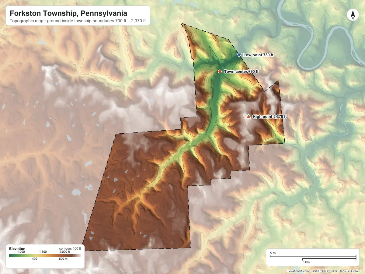 Topographic elevation map of Forkston Township, Pennsylvania, shaded from 730 ft near the middle to 2,370 ft on the southeast side