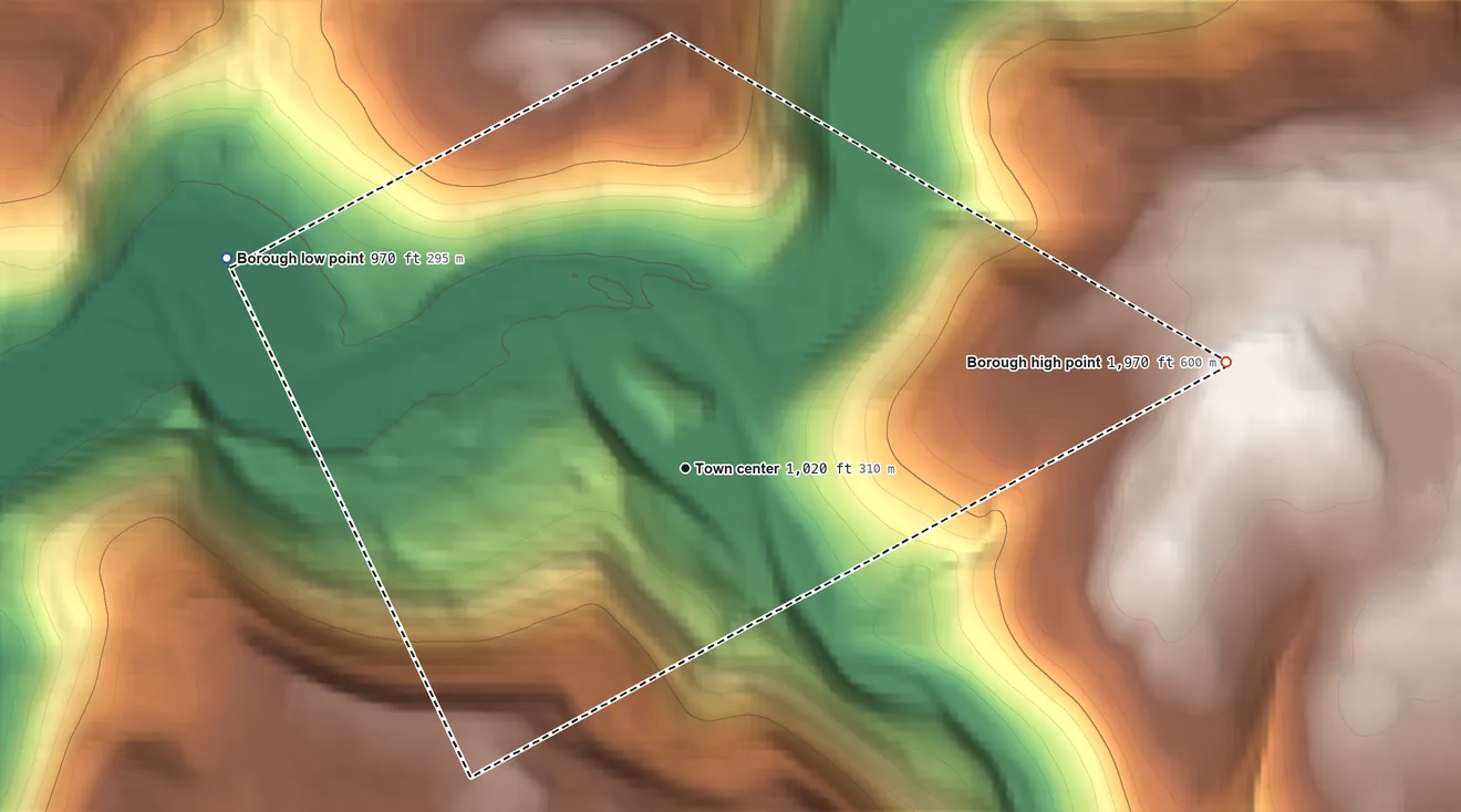 Topographic elevation map of Forksville, Pennsylvania, shaded from 970 ft on the northwest side to 1,970 ft on the east side