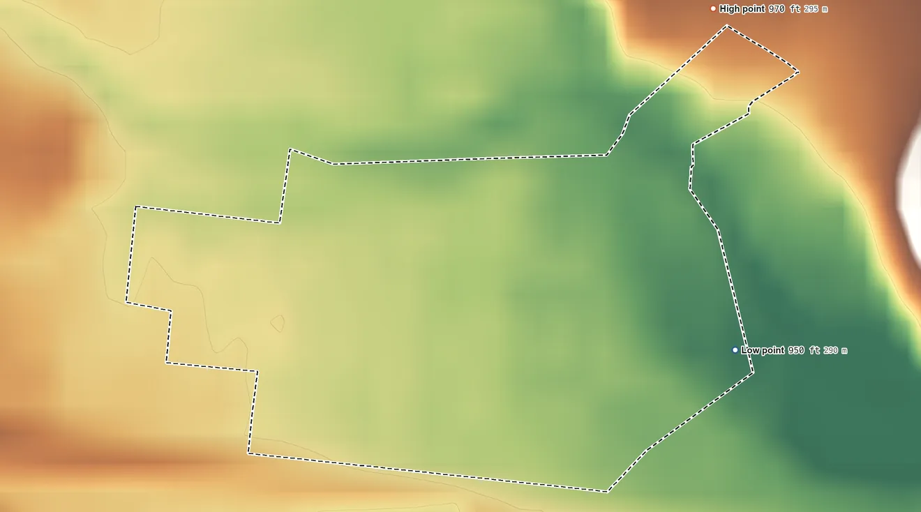 Topographic elevation map of Fort Fetter, Pennsylvania, shaded from 950 ft on the southeast side to 970 ft on the northeast edge, below higher ground just outside