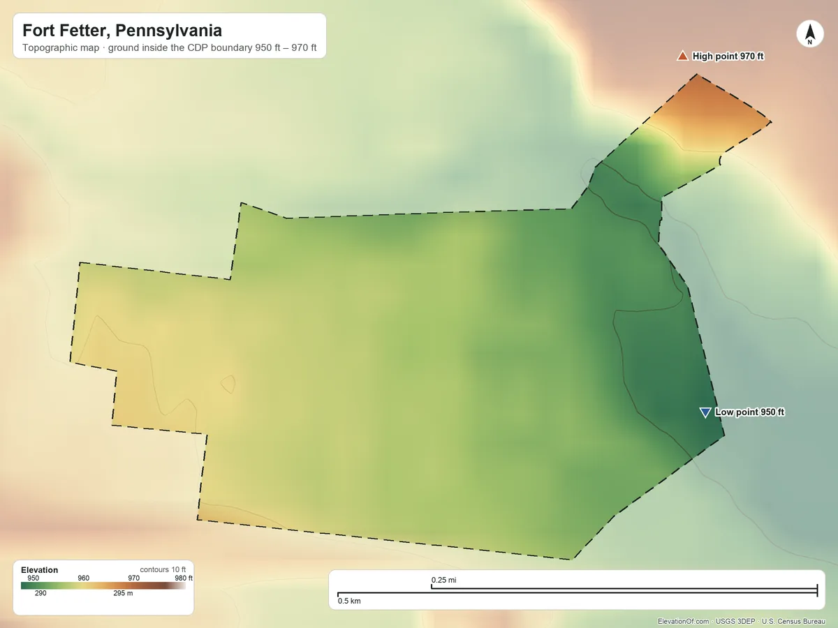 Topographic elevation map of Fort Fetter, Pennsylvania, shaded from 950 ft on the southeast side to 970 ft on the northeast edge, below higher ground just outside