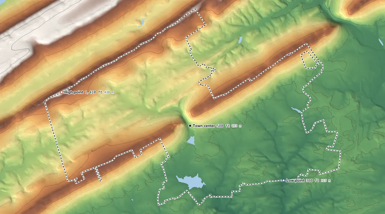 Topographic elevation map of Fort Indiantown Gap, Pennsylvania, shaded from 380 ft on the southeast side to 1,410 ft on the west side