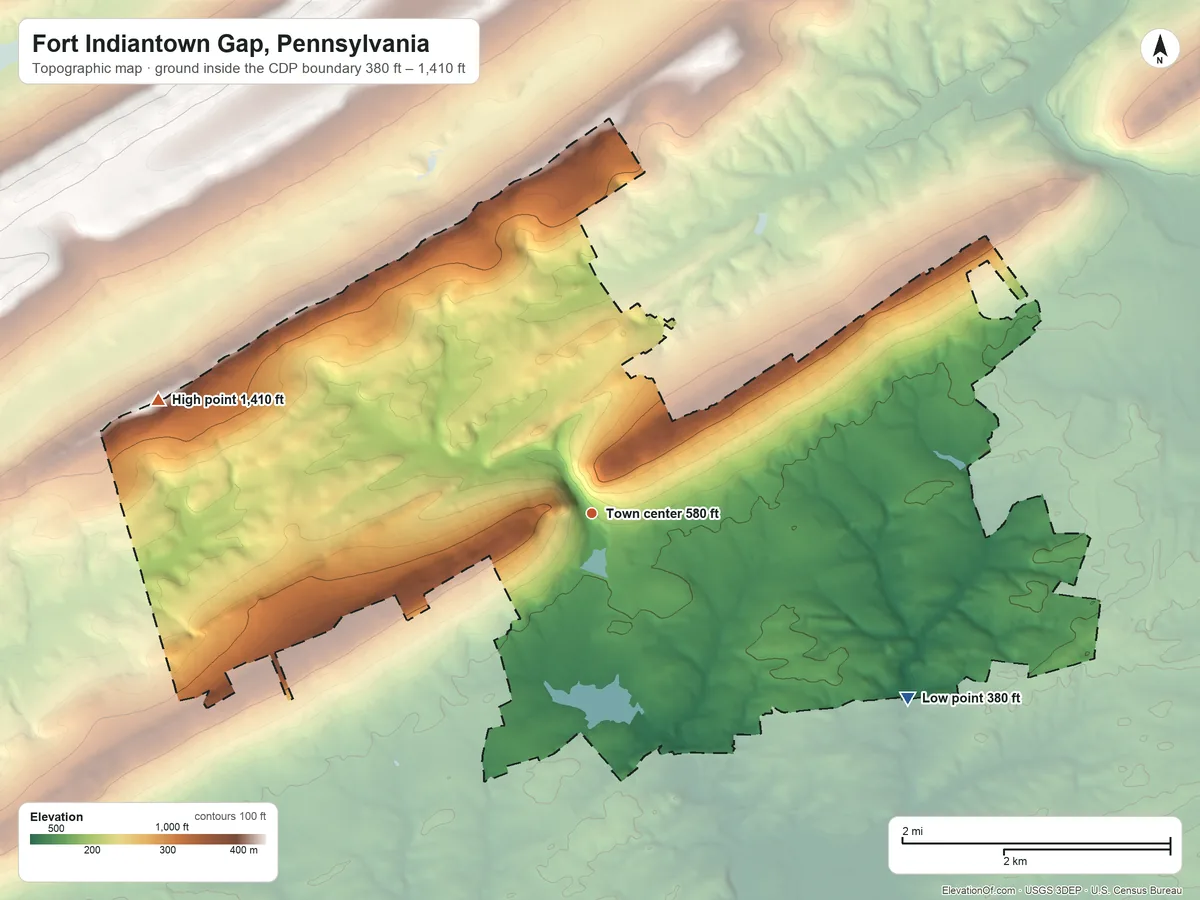 Topographic elevation map of Fort Indiantown Gap, Pennsylvania, shaded from 380 ft on the southeast side to 1,410 ft on the west side