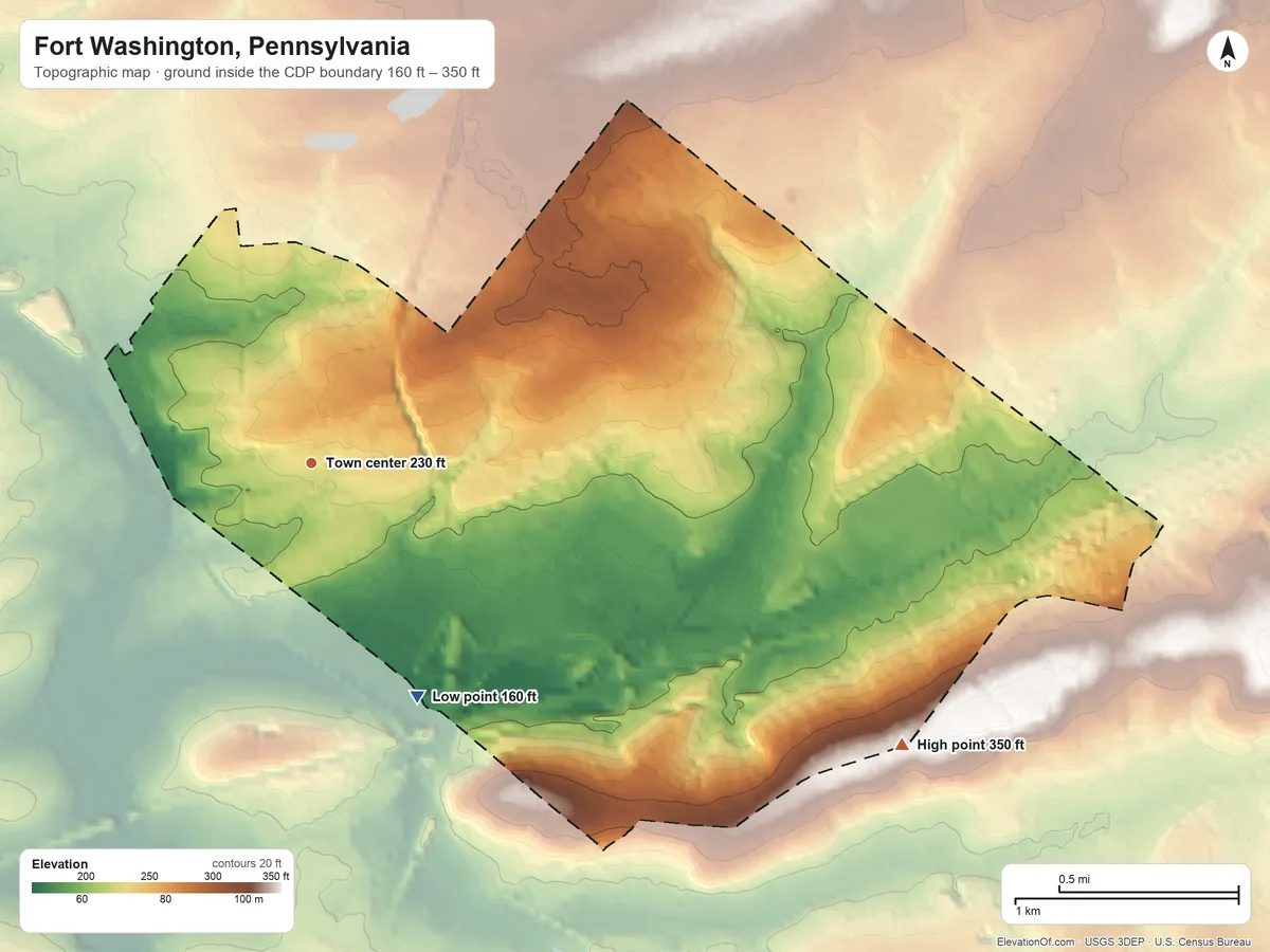 Topographic elevation map of Fort Washington, Pennsylvania, shaded from 160 ft on the southeast side to 350 ft on the southeast side