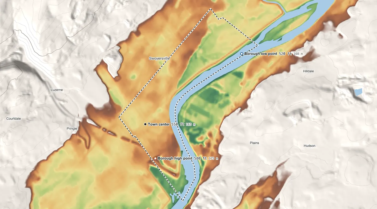Topographic elevation map of Forty Fort, Pennsylvania, shaded from 520 ft on the northeast side to 580 ft on the south edge, below higher ground just outside