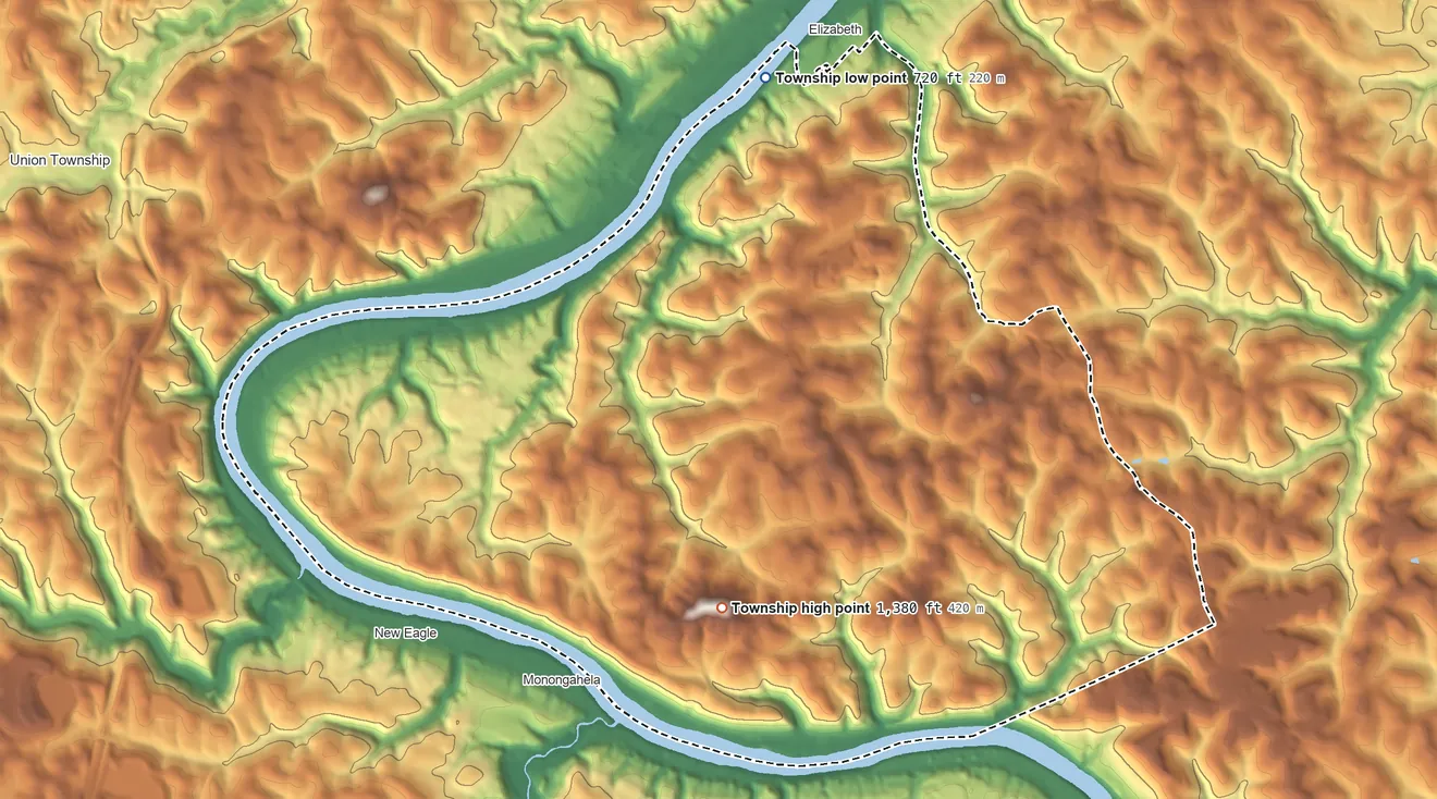 Topographic elevation map of Forward Township, Allegheny County, Pennsylvania, shaded from 720 ft on the north side to 1,380 ft on the southwest side