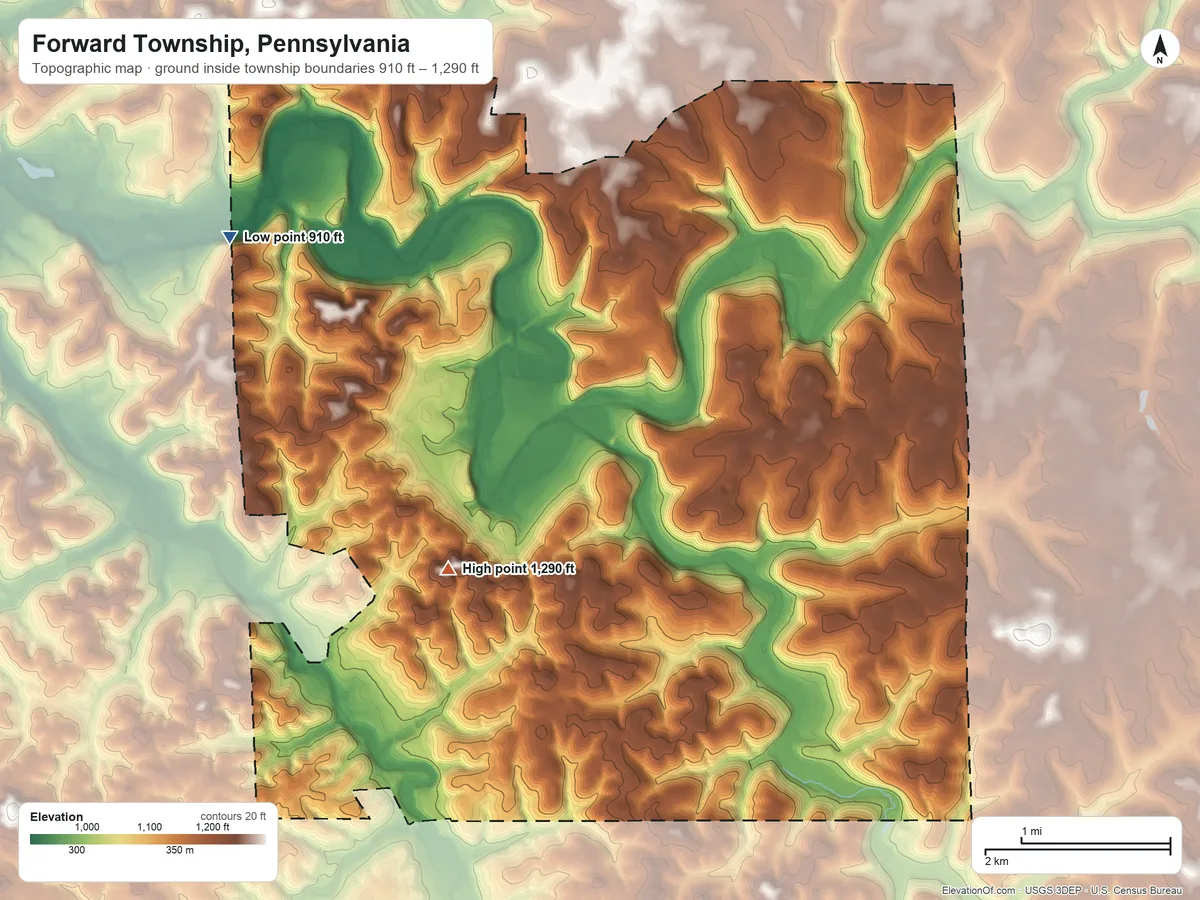 Topographic elevation map of Forward Township, Pennsylvania, shaded from 910 ft on the northwest side to 1,290 ft on the southwest side