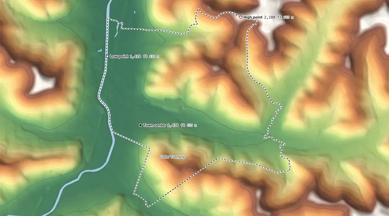 Topographic elevation map of Foster Brook, Pennsylvania, shaded from 1,410 ft on the northwest side to 2,180 ft on the northeast side