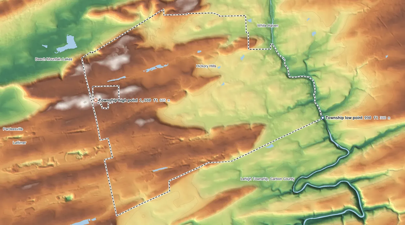 Topographic elevation map of Foster Township, Luzerne County, Pennsylvania, shaded from 990 ft on the east side to 1,980 ft on the west side
