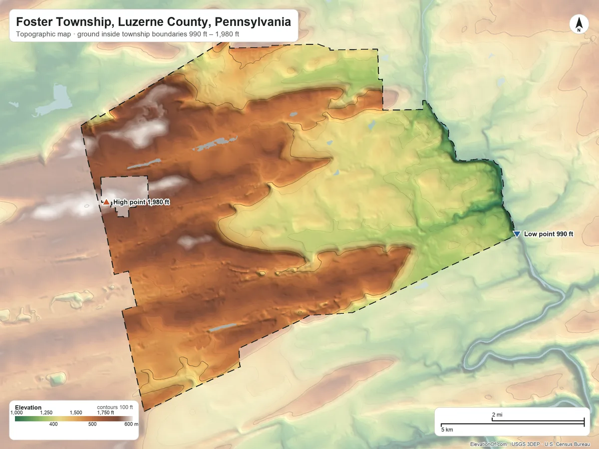 Topographic elevation map of Foster Township, Luzerne County, Pennsylvania, shaded from 990 ft on the east side to 1,980 ft on the west side