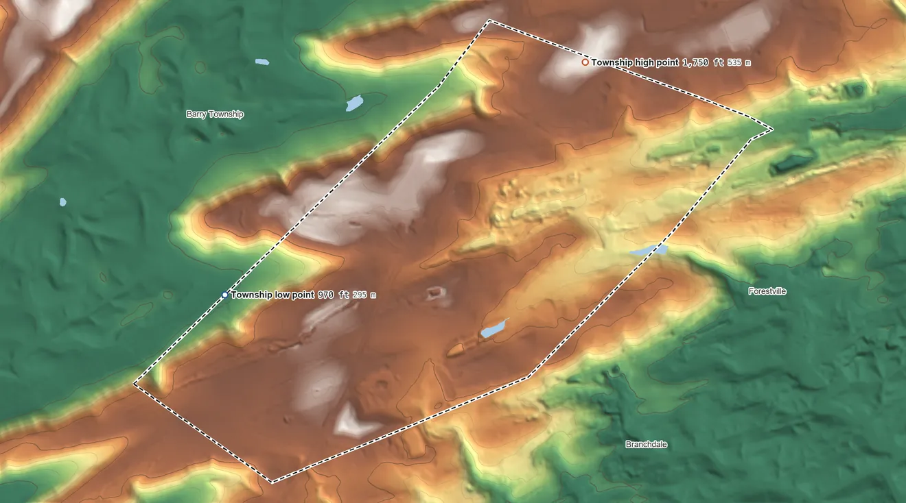 Topographic elevation map of Foster Township, Schuylkill County, Pennsylvania, shaded from 970 ft on the west side to 1,750 ft on the north side