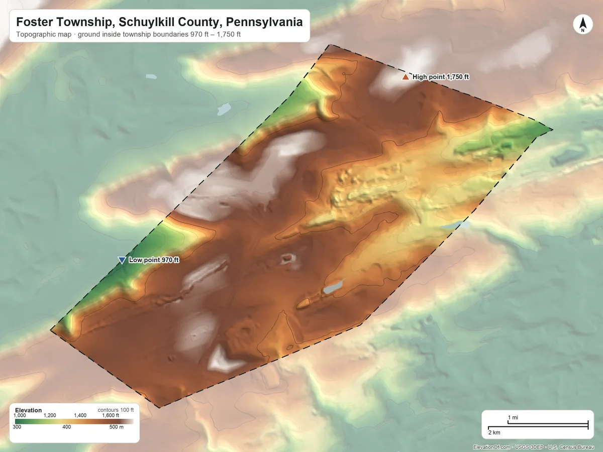 Topographic elevation map of Foster Township, Schuylkill County, Pennsylvania, shaded from 970 ft on the west side to 1,750 ft on the north side