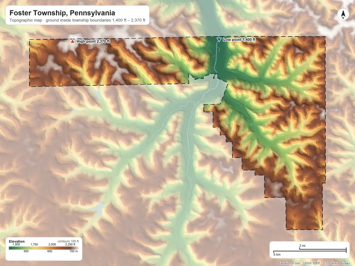 Topographic elevation map of Foster Township, Pennsylvania, shaded from 1,400 ft on the north side to 2,370 ft on the west side