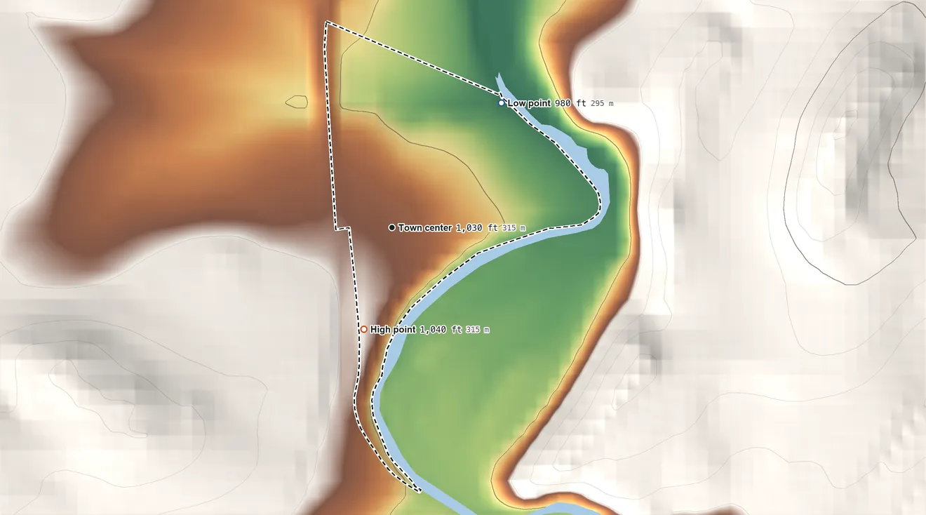 Topographic elevation map of Fostoria, Pennsylvania, shaded from 980 ft on the northeast side to 1,040 ft on the south edge, below higher ground just outside