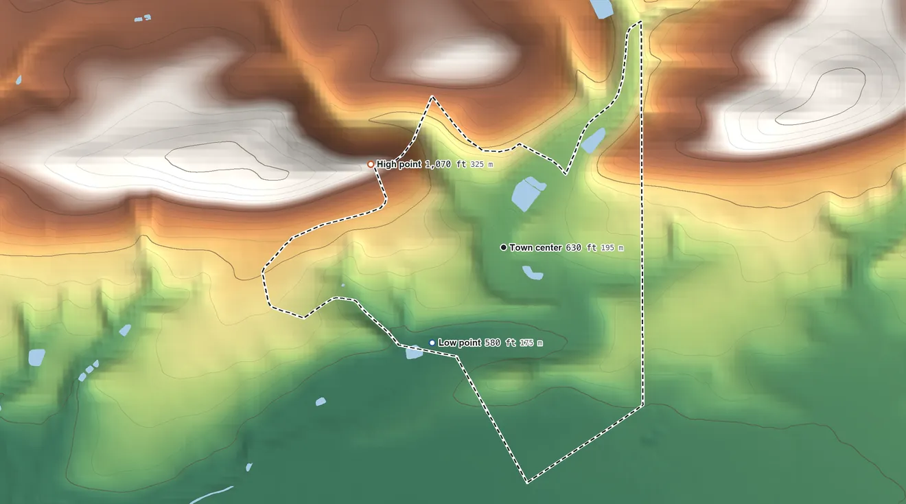 Topographic elevation map of Foundryville, Pennsylvania, shaded from 580 ft on the southwest side to 1,070 ft on the northwest side