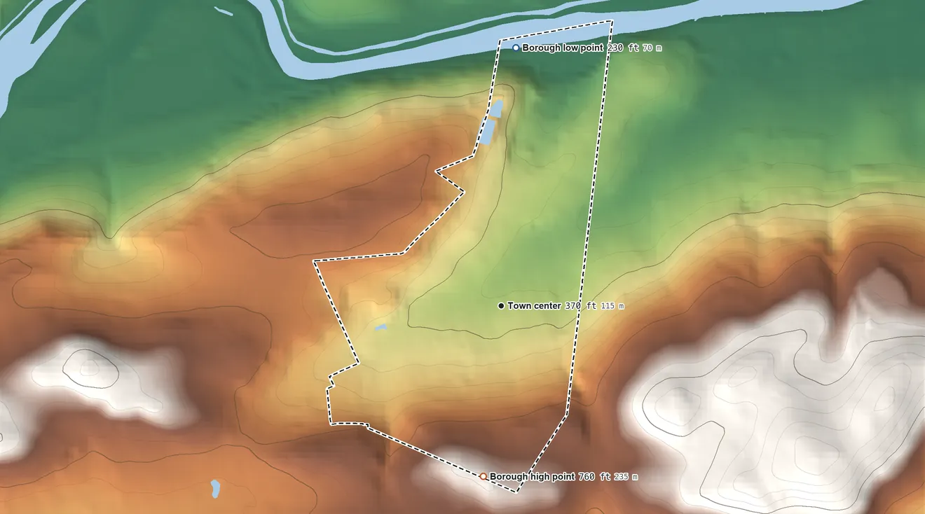 Topographic elevation map of Fountain Hill, Pennsylvania, shaded from 230 ft on the north side to 760 ft on the south side