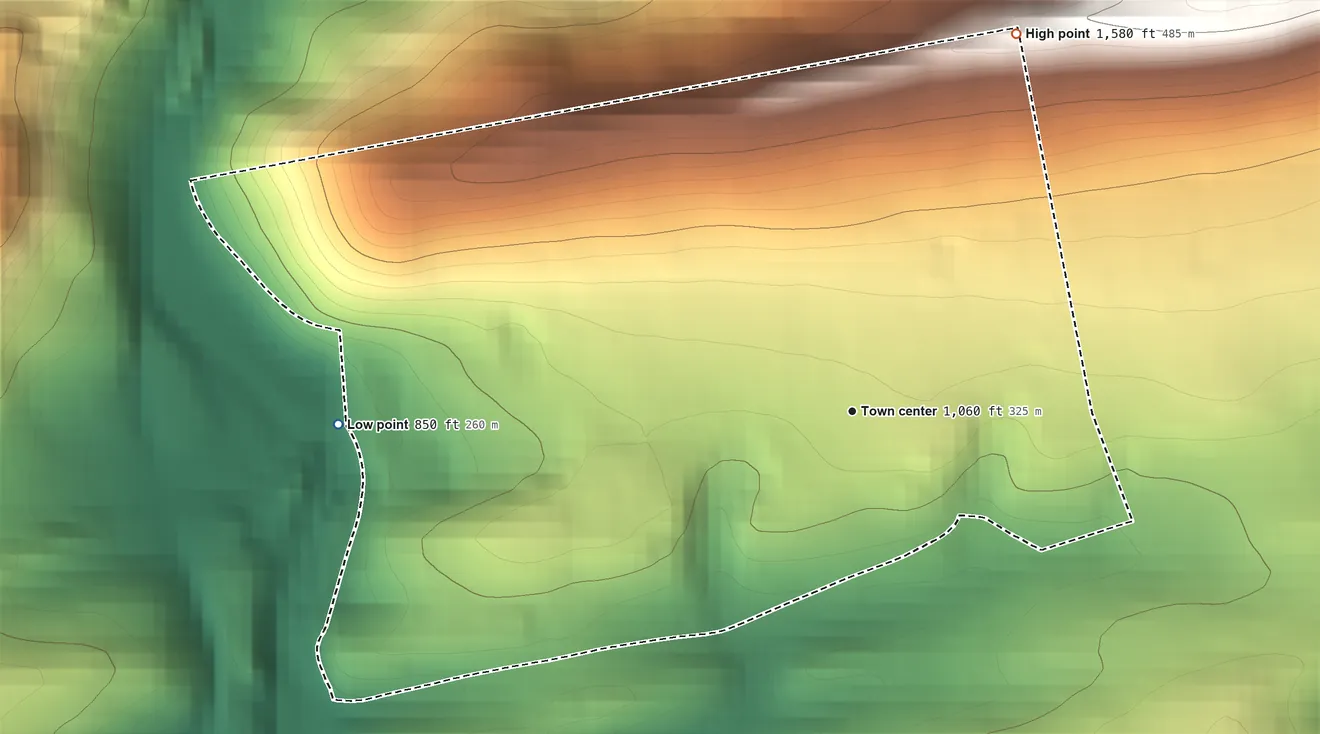 Topographic elevation map of Fountain Springs, Pennsylvania, shaded from 850 ft on the west side to 1,580 ft on the northeast side