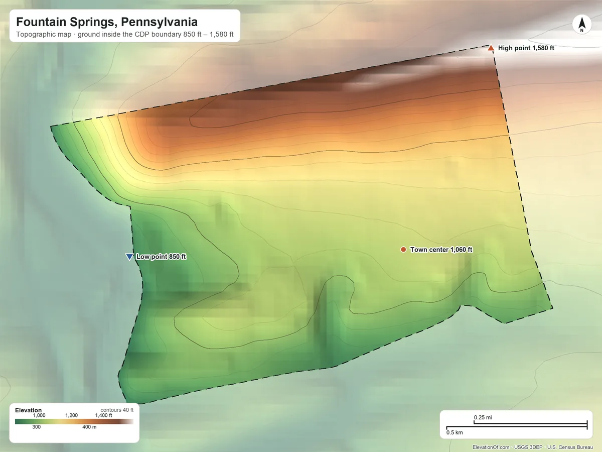 Topographic elevation map of Fountain Springs, Pennsylvania, shaded from 850 ft on the west side to 1,580 ft on the northeast side