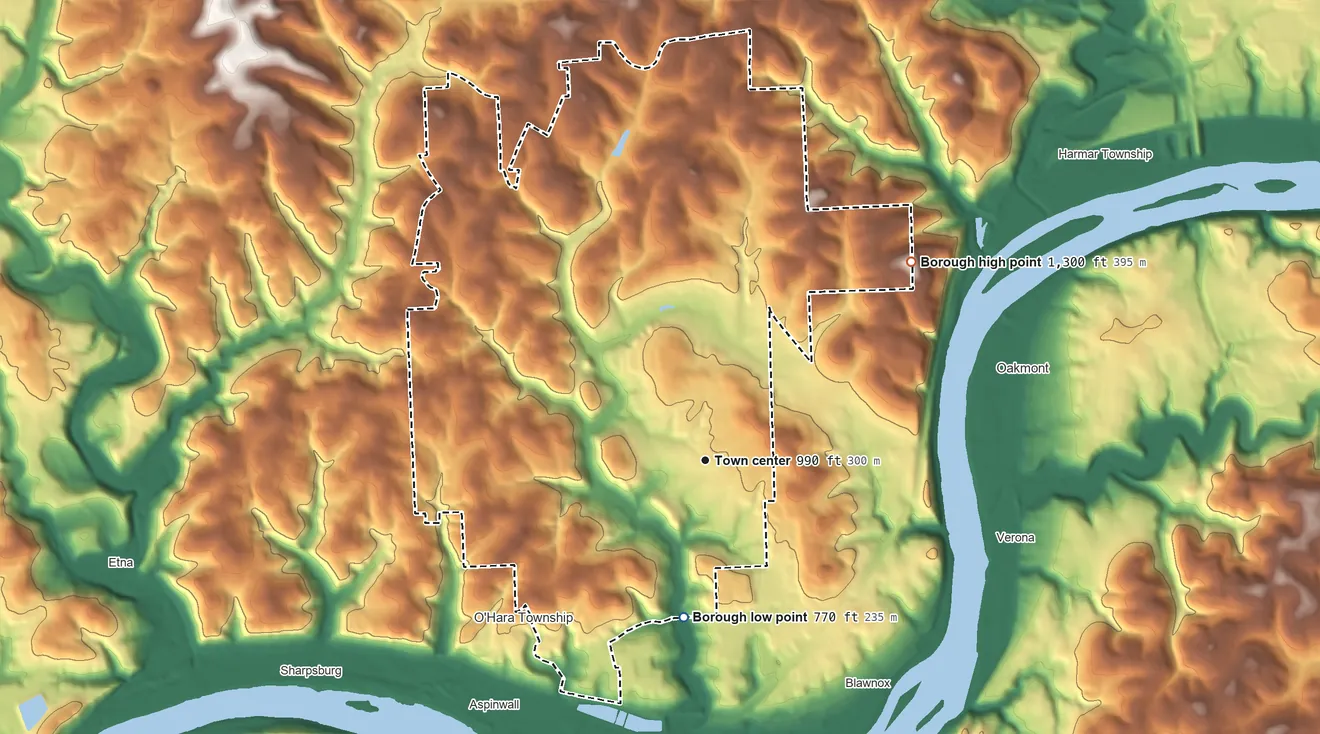 Topographic elevation map of Fox Chapel, Pennsylvania, shaded from 770 ft on the south side to 1,300 ft on the northeast side