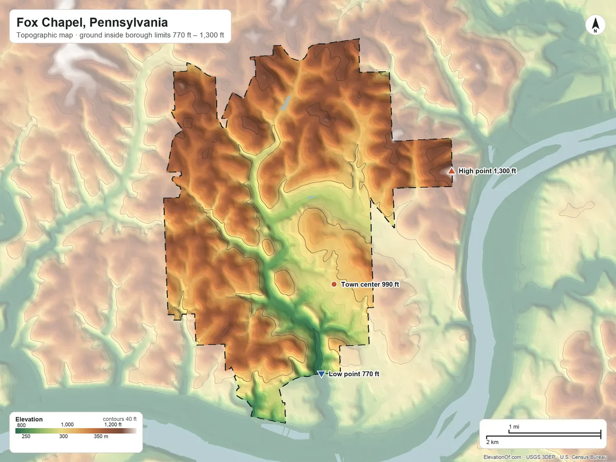 Topographic elevation map of Fox Chapel, Pennsylvania, shaded from 770 ft on the south side to 1,300 ft on the northeast side