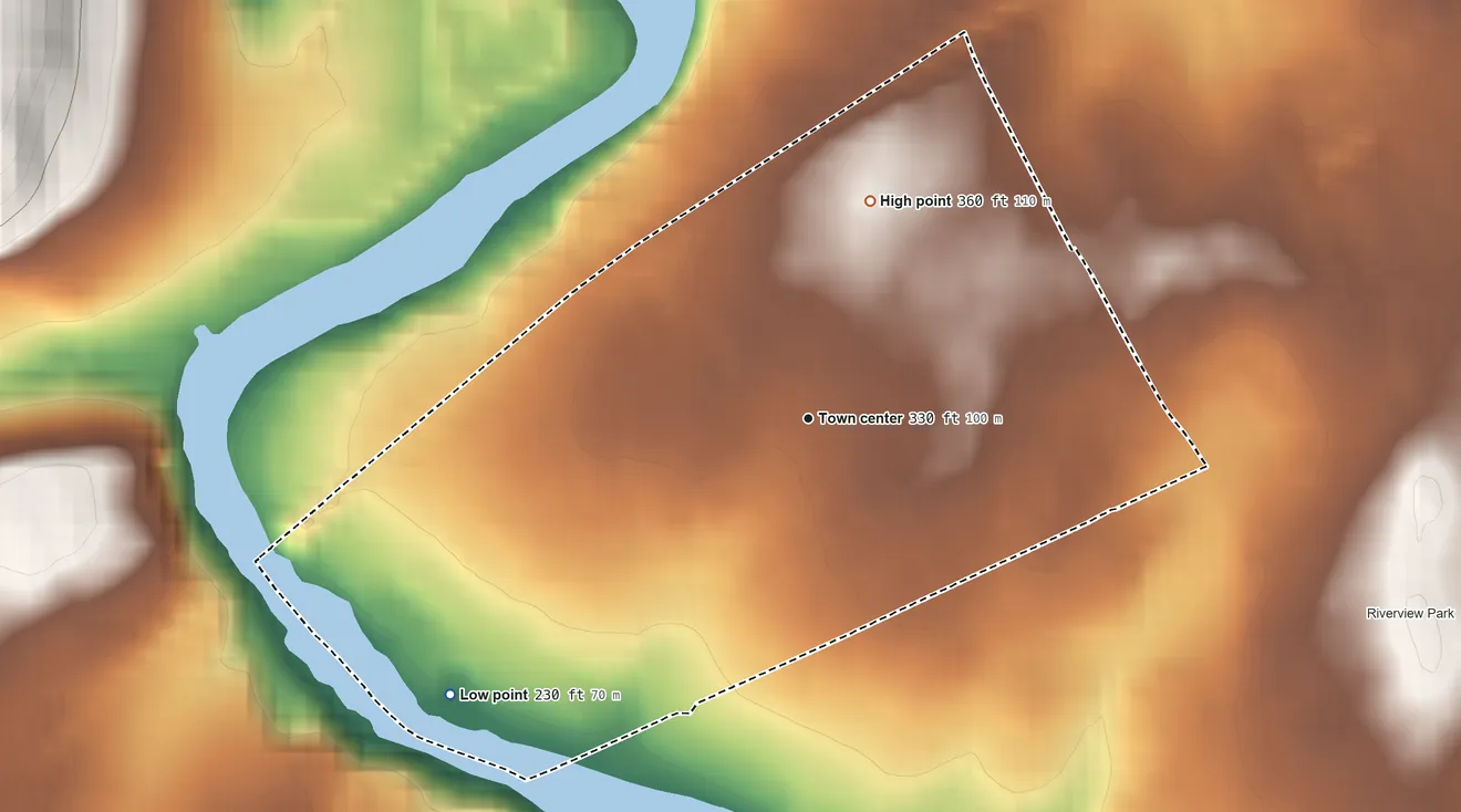 Topographic elevation map of Fox Chase, Pennsylvania, shaded from 230 ft on the southwest side to 360 ft at the foot of the South Mountain