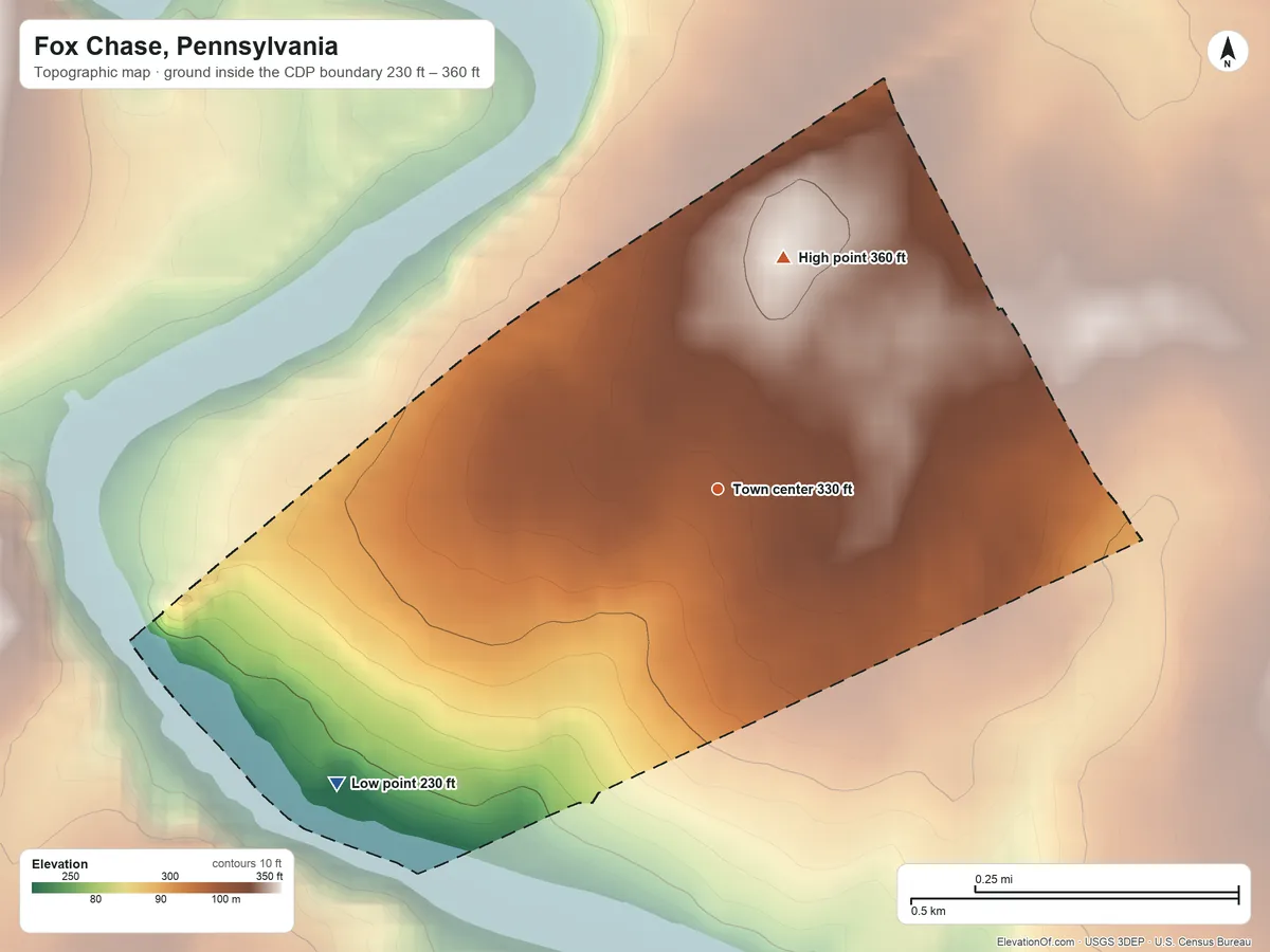 Topographic elevation map of Fox Chase, Pennsylvania, shaded from 230 ft on the southwest side to 360 ft at the foot of the South Mountain