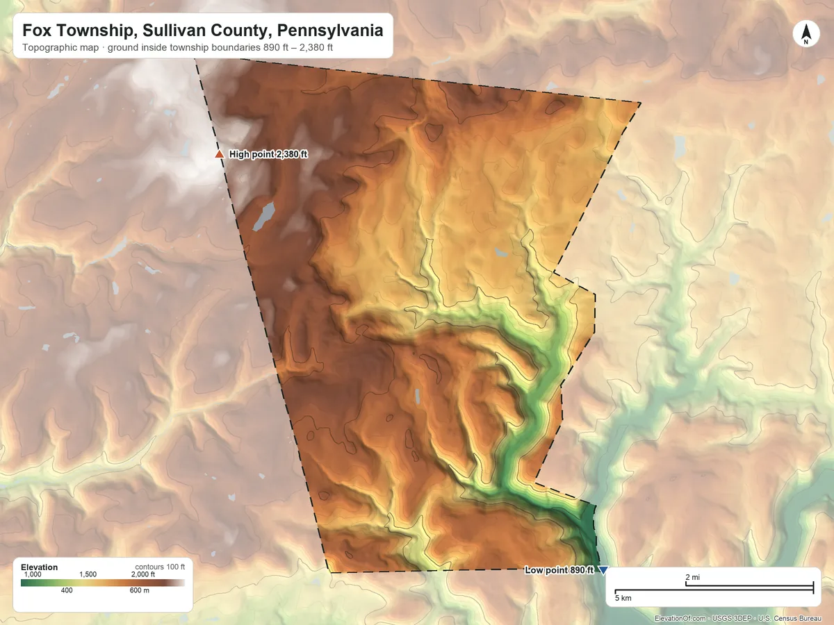 Topographic elevation map of Fox Township, Sullivan County, Pennsylvania, shaded from 890 ft on the southeast side to 2,380 ft on the northwest side