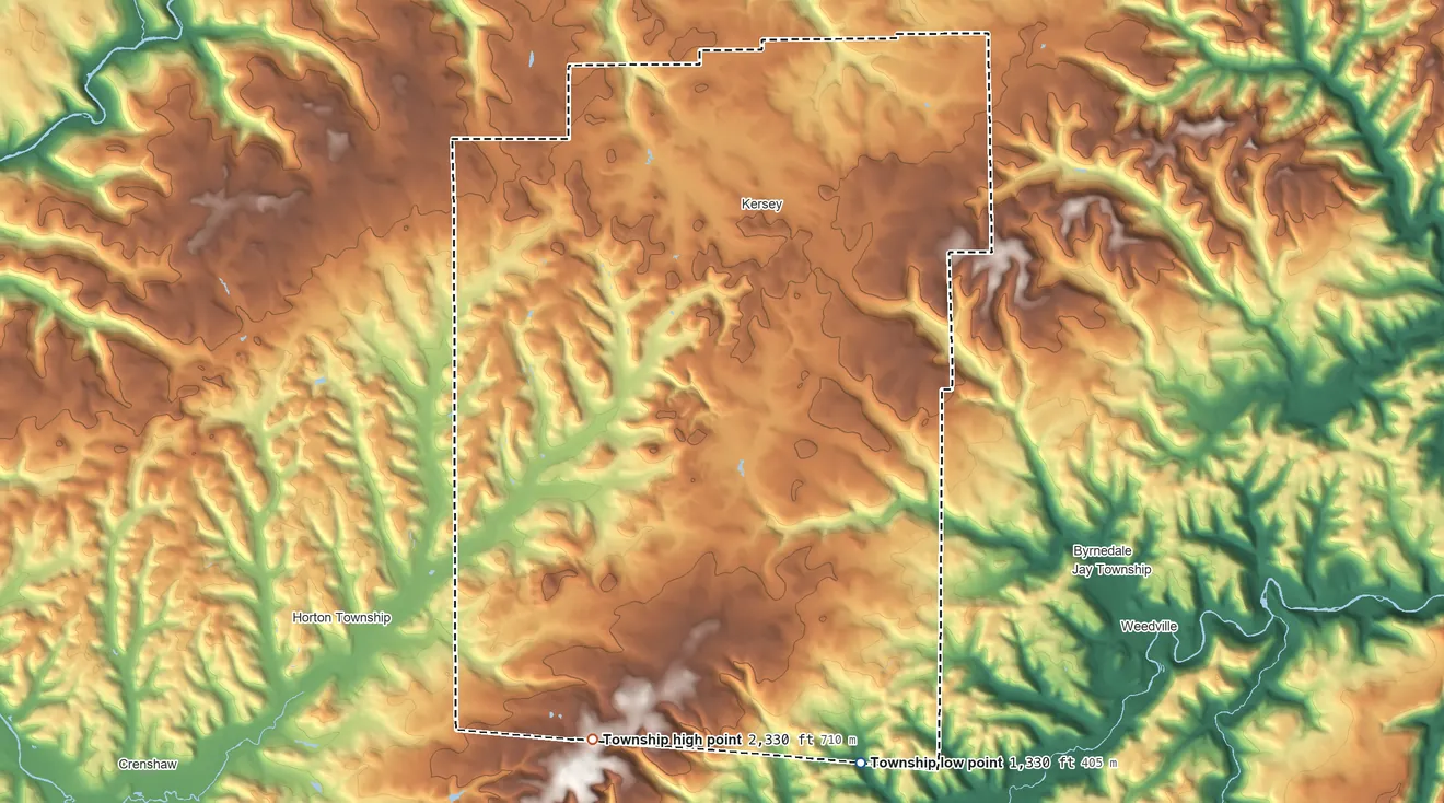 Topographic elevation map of Fox Township, Pennsylvania, shaded from 1,330 ft on the south side to 2,330 ft on the south side