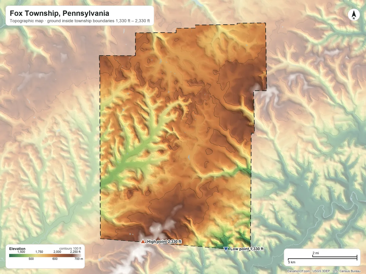 Topographic elevation map of Fox Township, Pennsylvania, shaded from 1,330 ft on the south side to 2,330 ft on the south side
