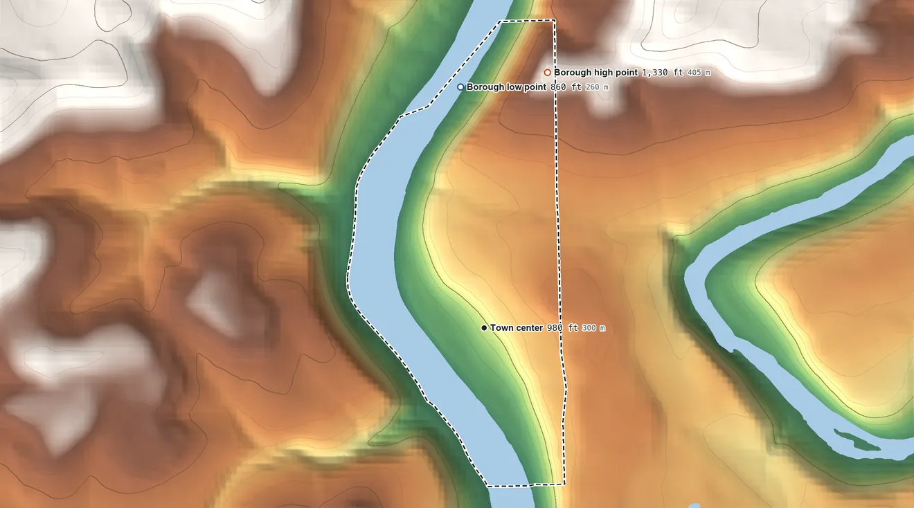 Topographic elevation map of Foxburg, Pennsylvania, shaded from 860 ft on the north side to 1,330 ft on the north side