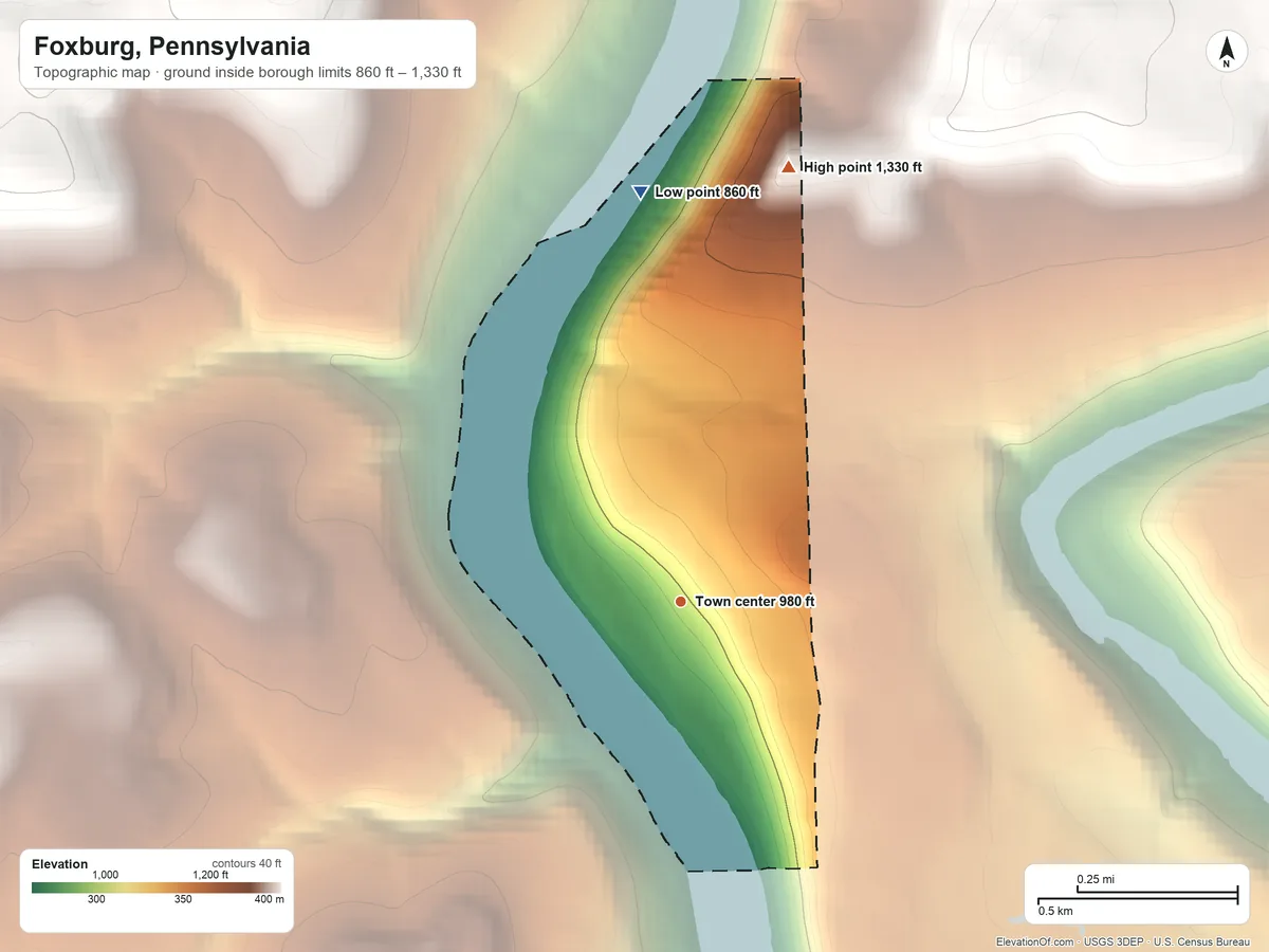 Topographic elevation map of Foxburg, Pennsylvania, shaded from 860 ft on the north side to 1,330 ft on the north side