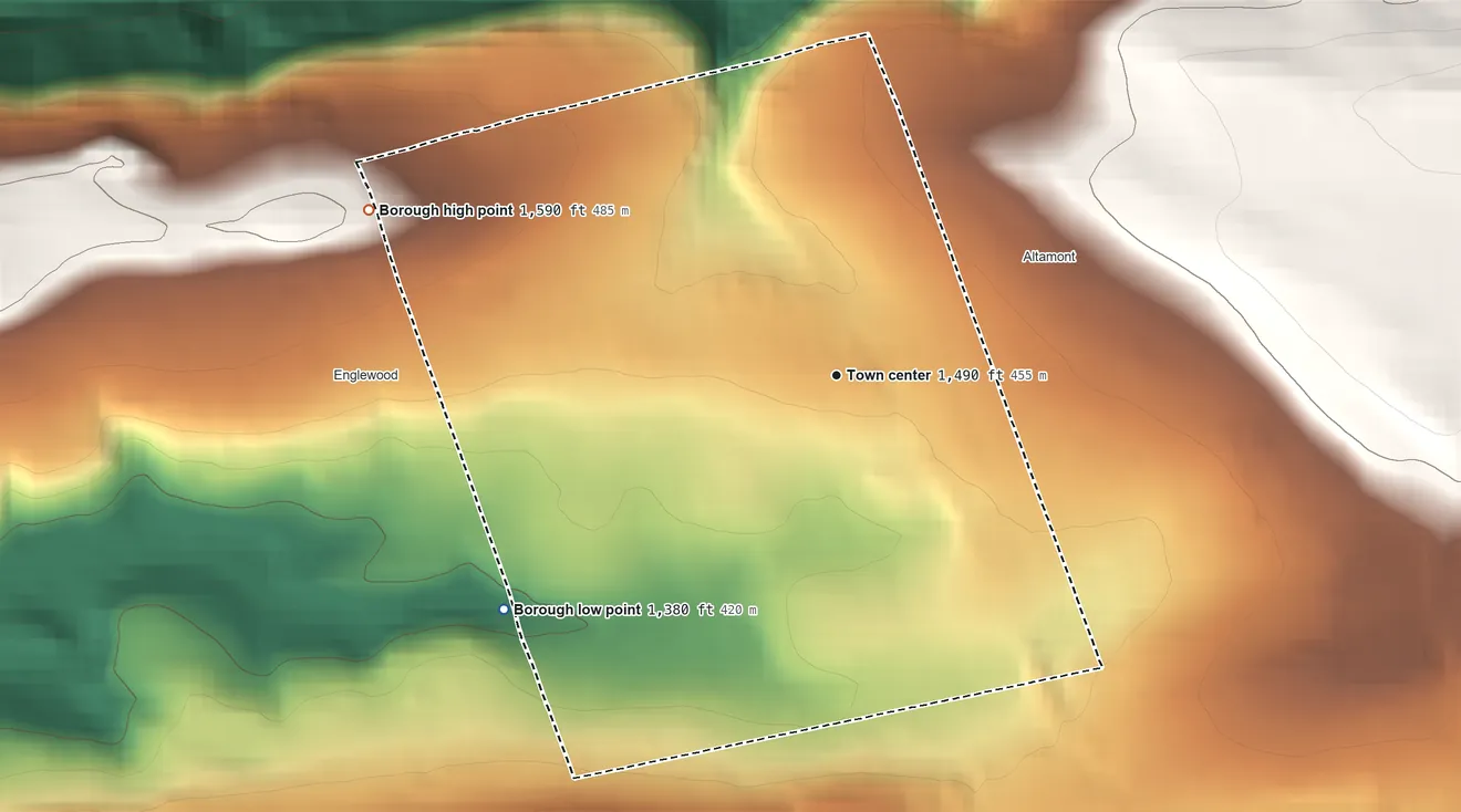 Topographic elevation map of Frackville, Pennsylvania, shaded from 1,380 ft on the southwest side to 1,590 ft on the west side