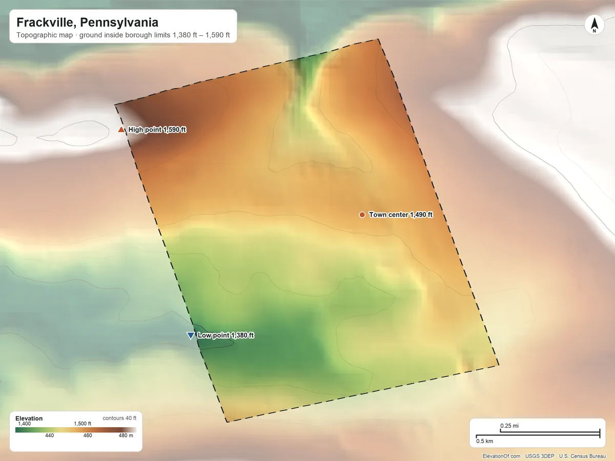 Topographic elevation map of Frackville, Pennsylvania, shaded from 1,380 ft on the southwest side to 1,590 ft on the west side