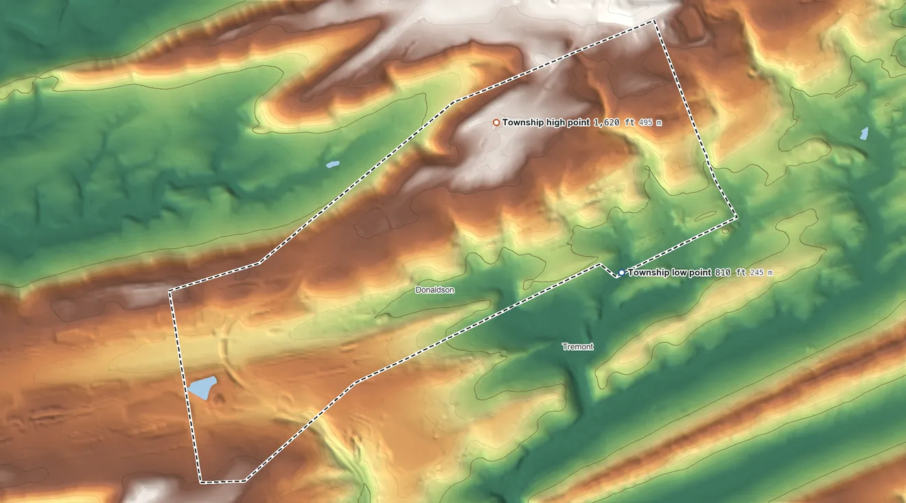 Topographic elevation map of Frailey Township, Pennsylvania, shaded from 810 ft on the east side to 1,620 ft on the north side