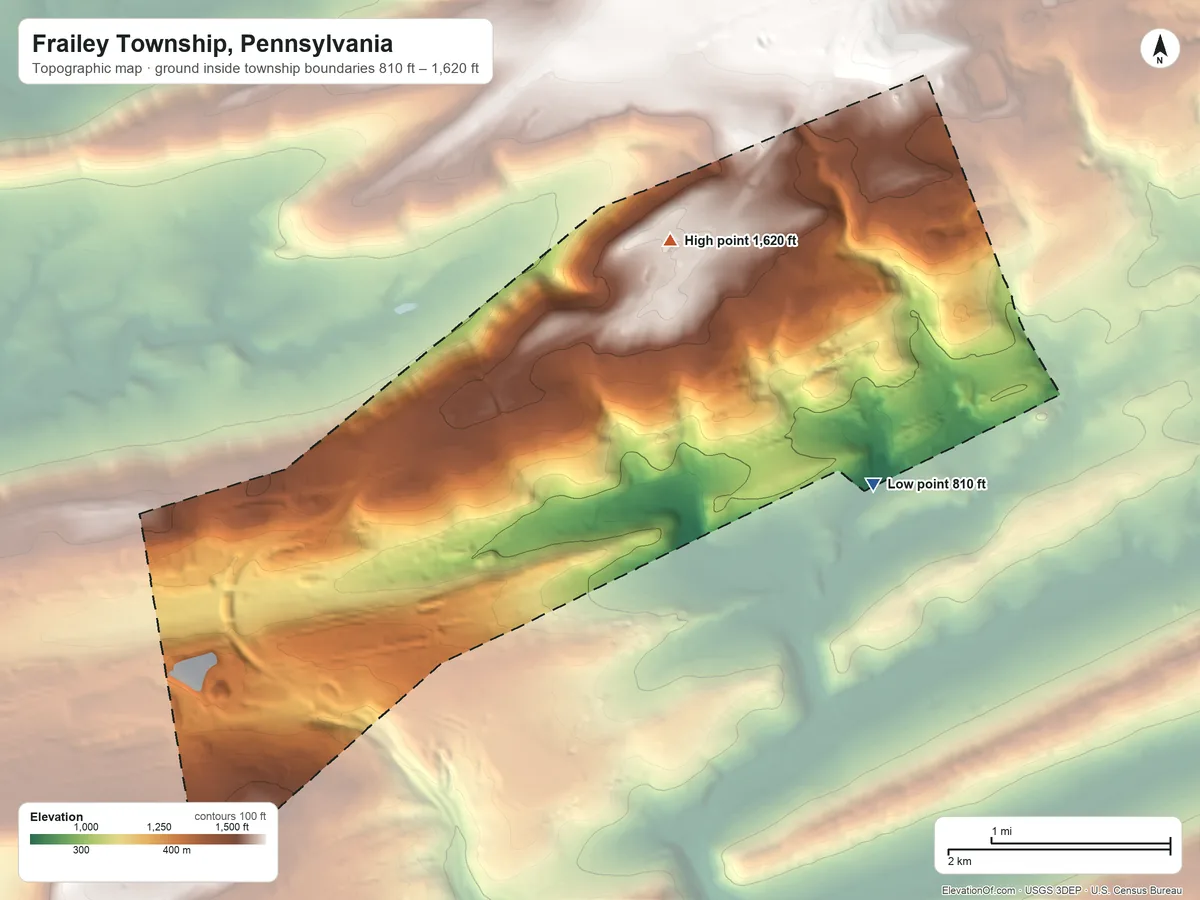 Topographic elevation map of Frailey Township, Pennsylvania, shaded from 810 ft on the east side to 1,620 ft on the north side