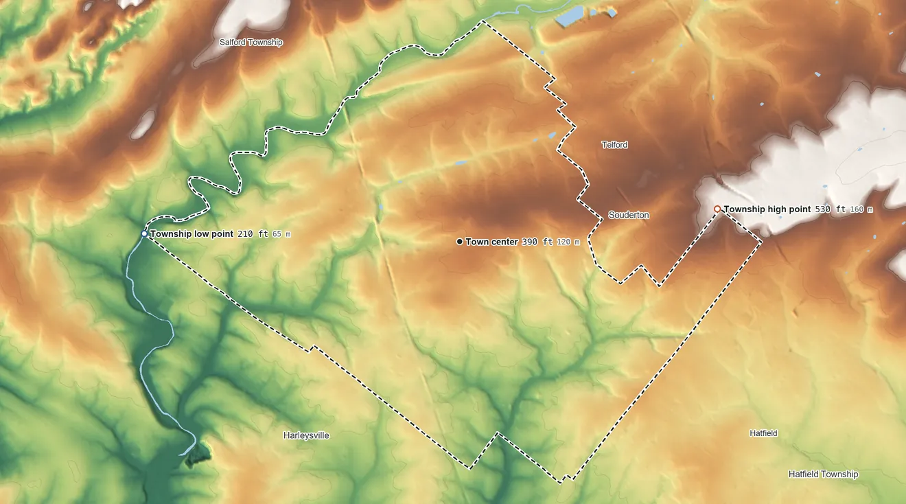 Topographic elevation map of Franconia Township, Pennsylvania, shaded from 210 ft on the west side to 530 ft on the east side
