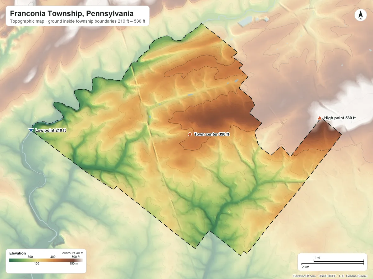 Topographic elevation map of Franconia Township, Pennsylvania, shaded from 210 ft on the west side to 530 ft on the east side
