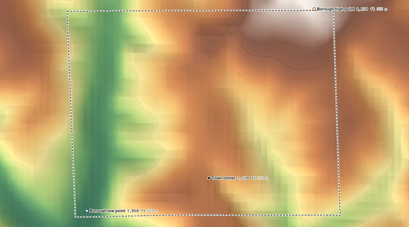 Topographic elevation map of Frankfort Springs, Pennsylvania, shaded from 1,060 ft on the west side to 1,230 ft on the northeast side