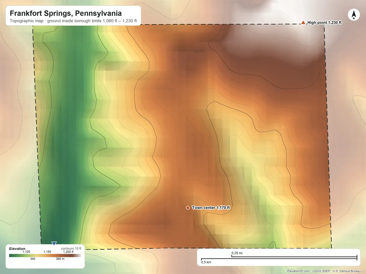 Topographic elevation map of Frankfort Springs, Pennsylvania, shaded from 1,060 ft on the west side to 1,230 ft on the northeast side