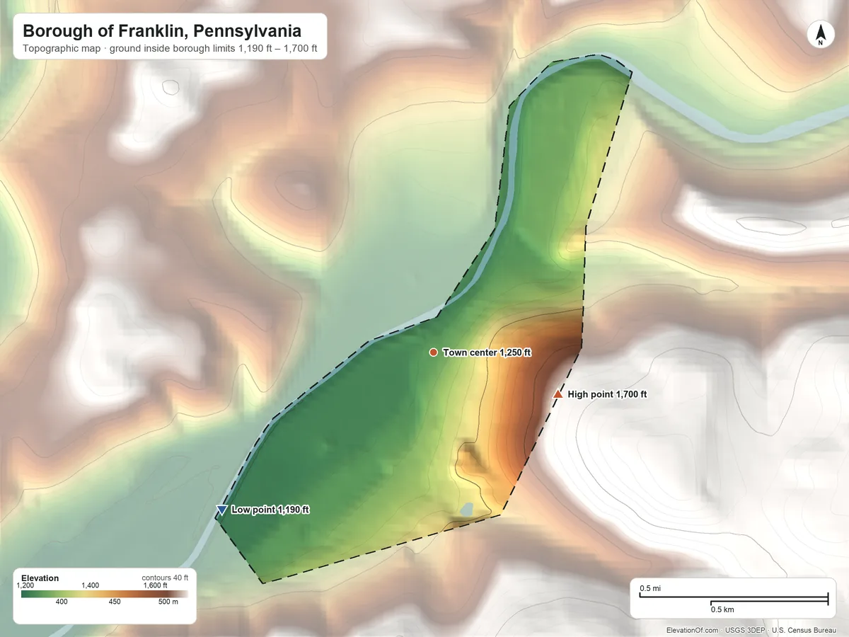 Topographic elevation map of Borough of Franklin, Pennsylvania, shaded from 1,190 ft on the southwest side to 1,700 ft at the foot of the Laurel Hill