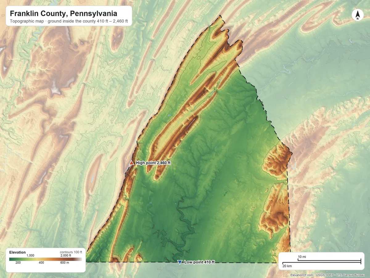 Topographic elevation map of Franklin County, Pennsylvania, shaded from 410 ft on the south side to 2,460 ft on Big Mountain