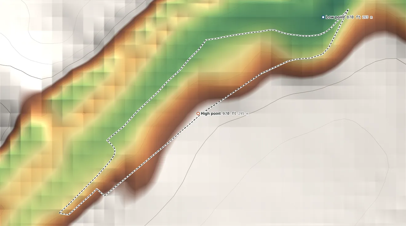 Topographic elevation map of Franklin Forge, Pennsylvania, shaded from 870 ft on the northeast side to 970 ft on the south edge, below higher ground just outside