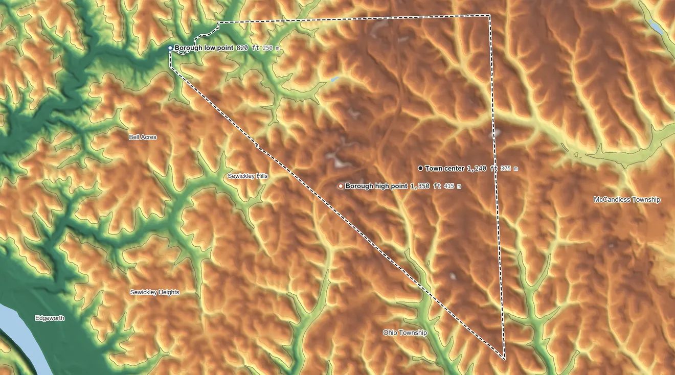 Topographic elevation map of Franklin Park, Pennsylvania, shaded from 820 ft on the northwest side to 1,350 ft on the west side