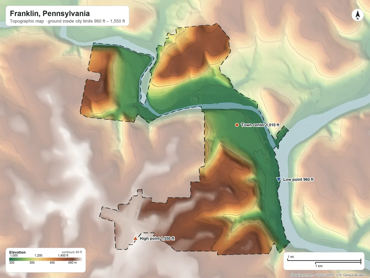 Topographic elevation map of Franklin, Pennsylvania, shaded from 960 ft on the southeast side to 1,550 ft on the southwest side