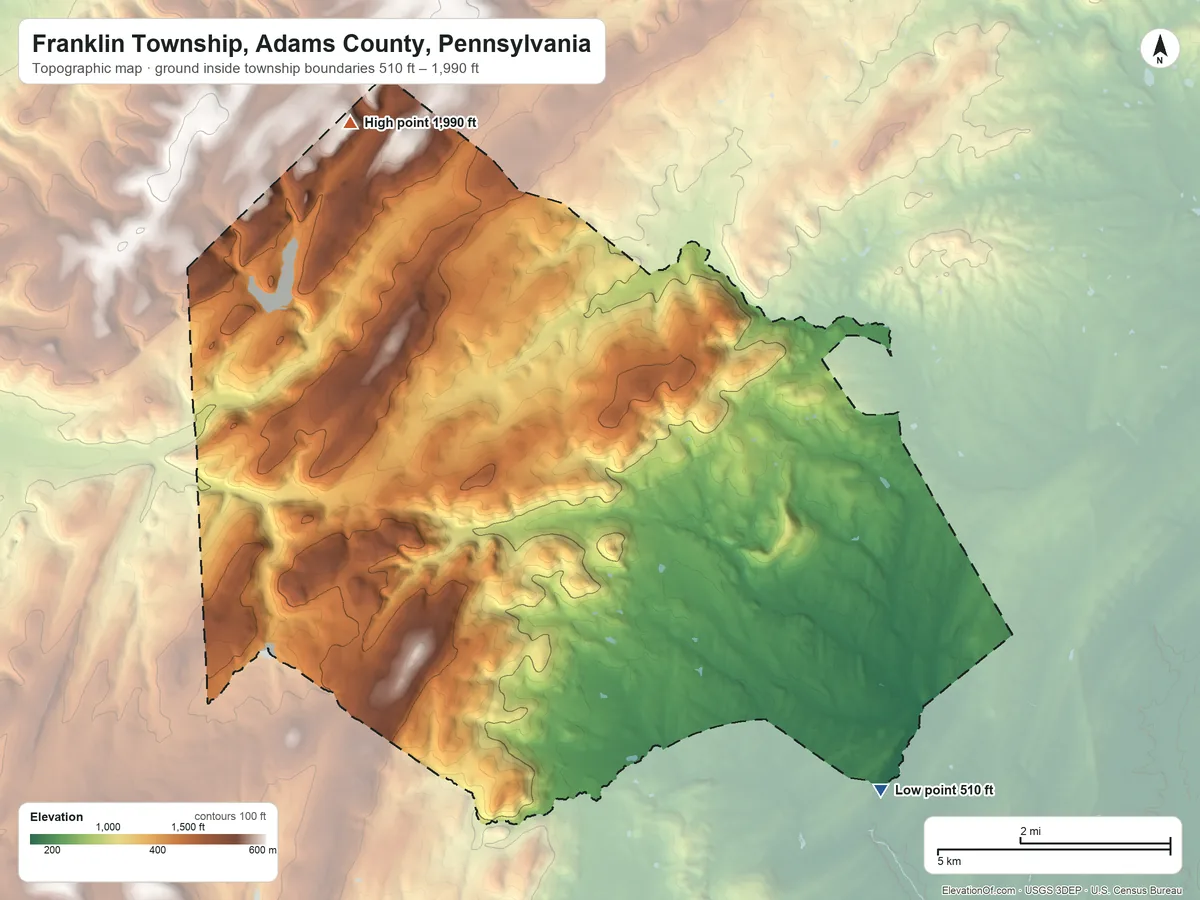 Topographic elevation map of Franklin Township, Adams County, Pennsylvania, shaded from 510 ft on the southeast side to 1,990 ft on the northwest side