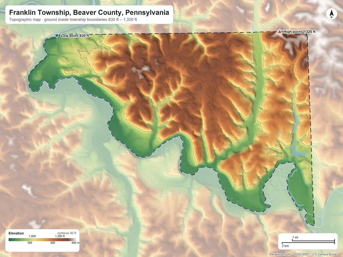 Topographic elevation map of Franklin Township, Beaver County, Pennsylvania, shaded from 830 ft on the northwest side to 1,320 ft on the east side