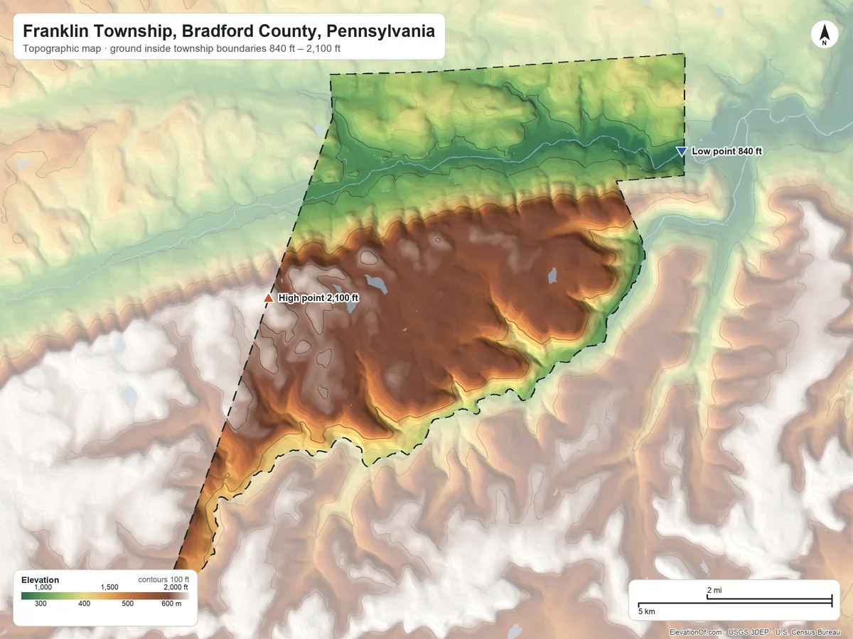 Topographic elevation map of Franklin Township, Bradford County, Pennsylvania, shaded from 840 ft on the east side to 2,100 ft on the southwest side
