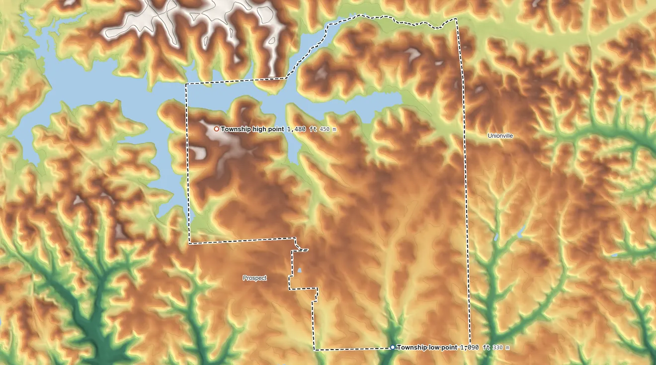 Topographic elevation map of Franklin Township, Butler County, Pennsylvania, shaded from 1,090 ft on the south side to 1,480 ft on the northwest side