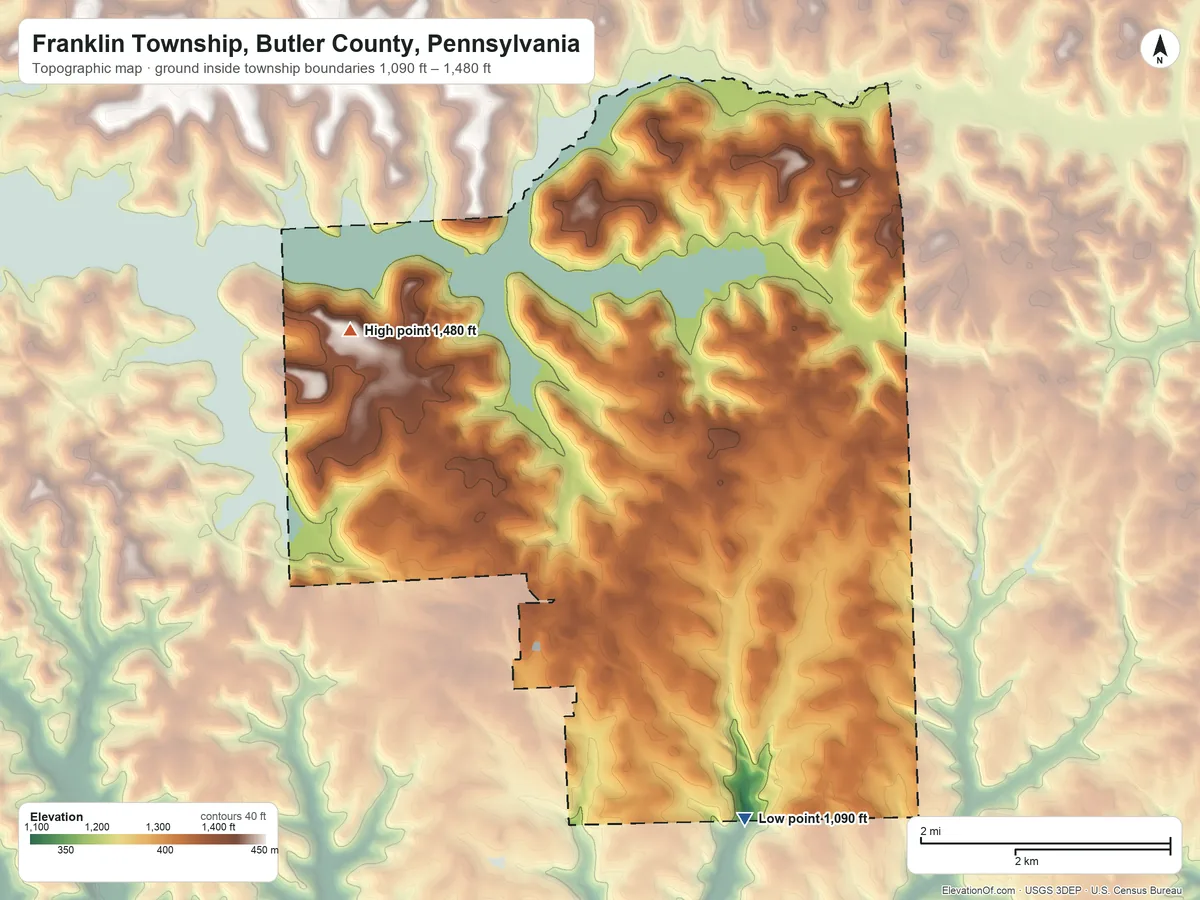 Topographic elevation map of Franklin Township, Butler County, Pennsylvania, shaded from 1,090 ft on the south side to 1,480 ft on the northwest side