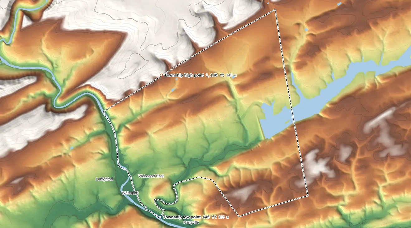 Topographic elevation map of Franklin Township, Carbon County, Pennsylvania, shaded from 440 ft on the southwest side to 1,140 ft at the foot of the Indian Hills